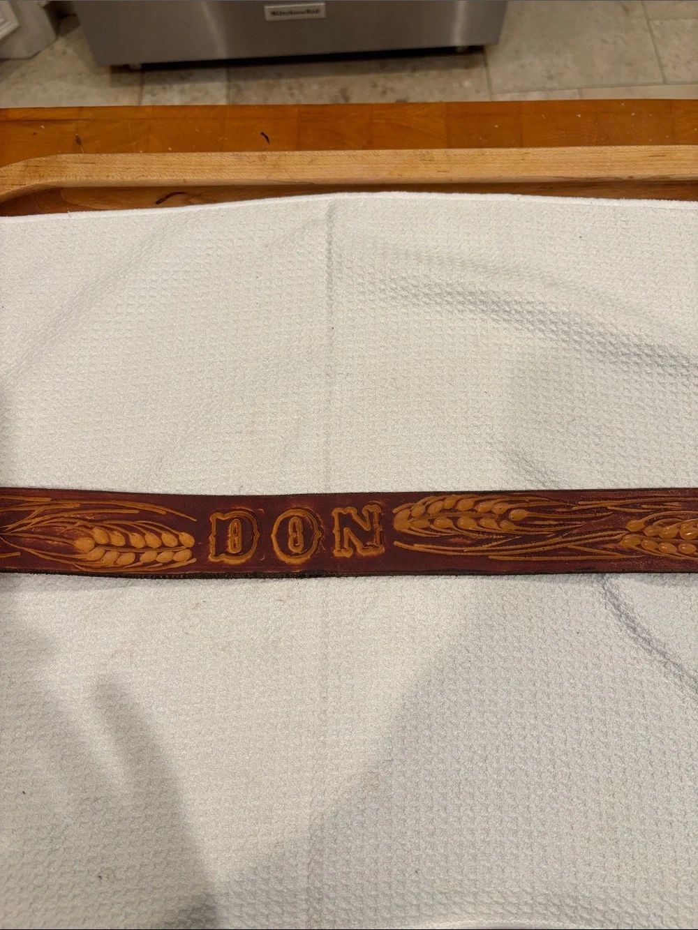 Hand-Tooled Brown Leather Belt with Wheat Motif- Don-w/ Solid Brass Belt Buckle